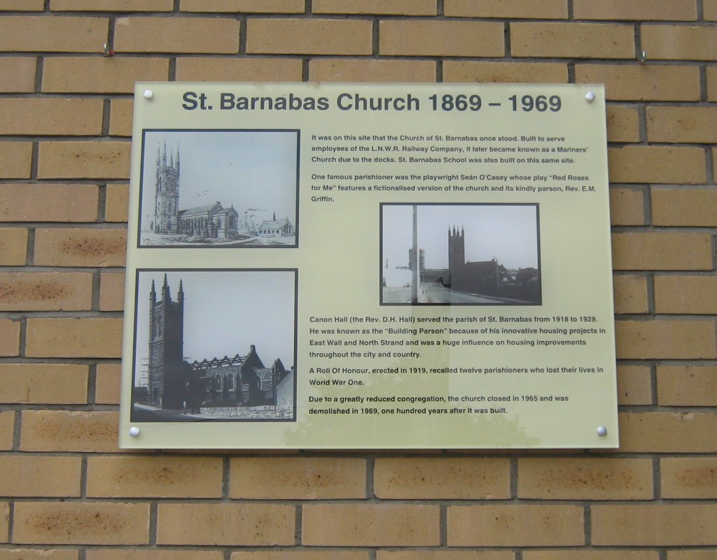 Plaque marking site of St Barnabas Church